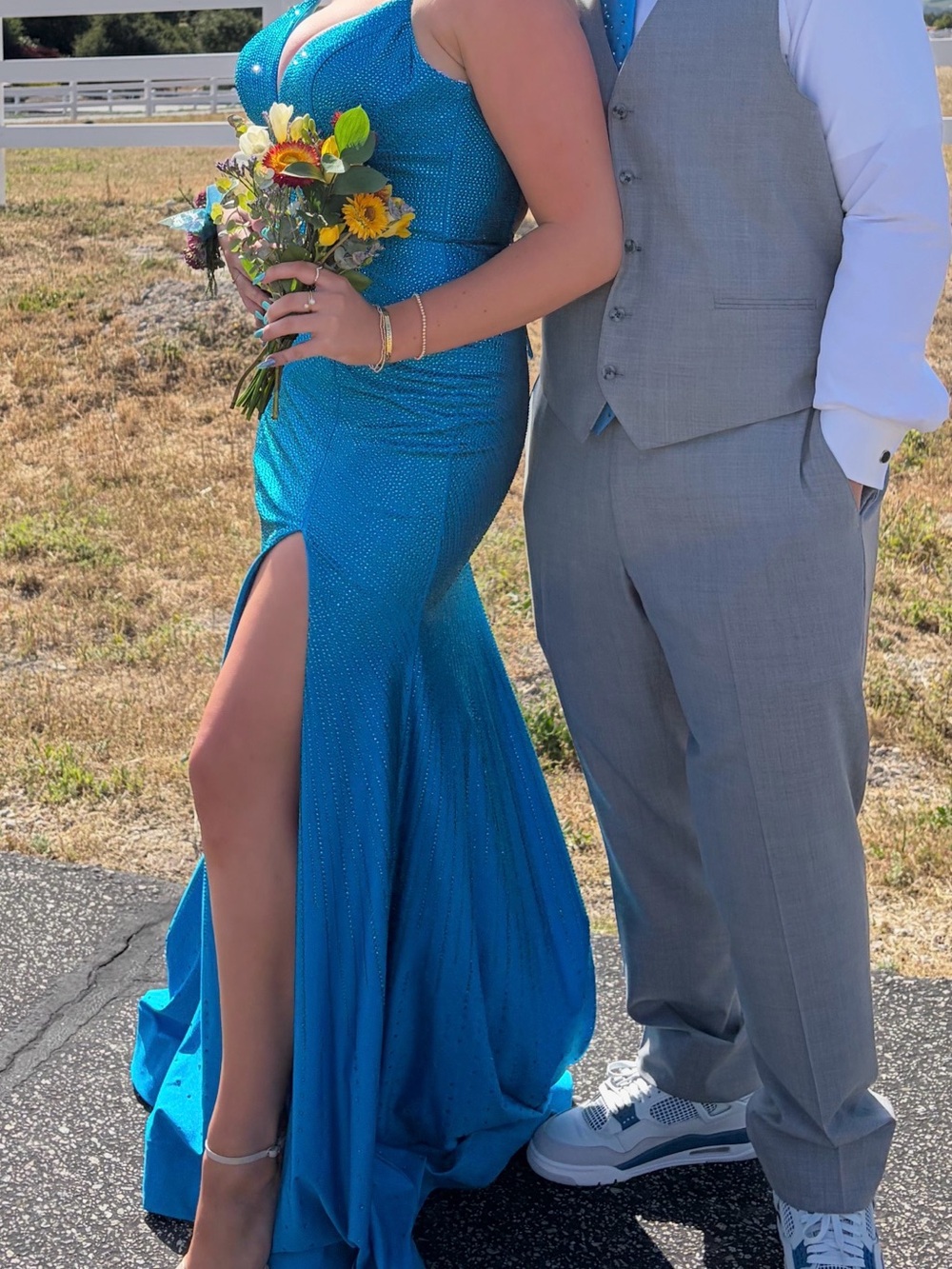 Sherri Hill Teal Blue Beaded Prom Dress with Leg Slit
